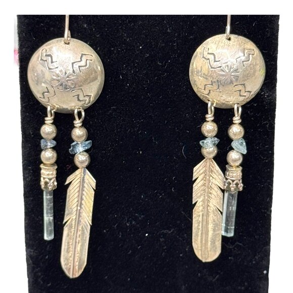 Vintage Southwest Silver Feather Dangle Earrings Engraved Design Quartz Crystal - Picture 2 of 8